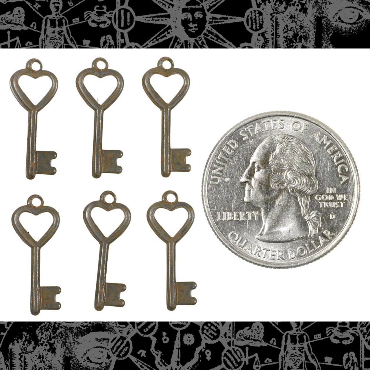 Chocolate Brown Plated Brass Heart Key Charms - Set of Six - RB-C200